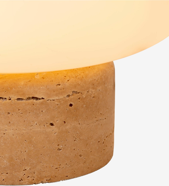 AZORES Table Lamp with cylindrical travertine base and glowing frosted glass shade