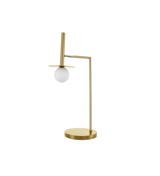 Lampe de table avec structure en laiton doré et abat-jour en verre opale structuré.