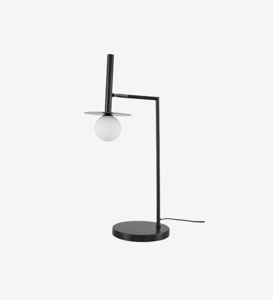 Lampe de table VENEZA noire au pied circulaire et globe opalin