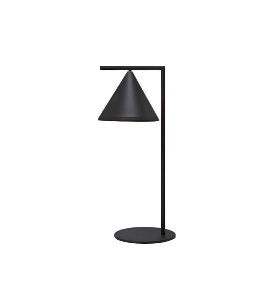 Lampe de table avec structure en inox noir.