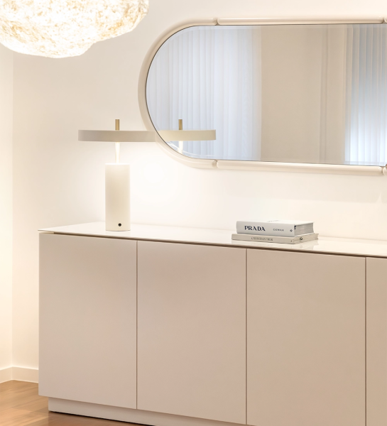 BARCELONA Table Lamp on white sideboard under oval mirror