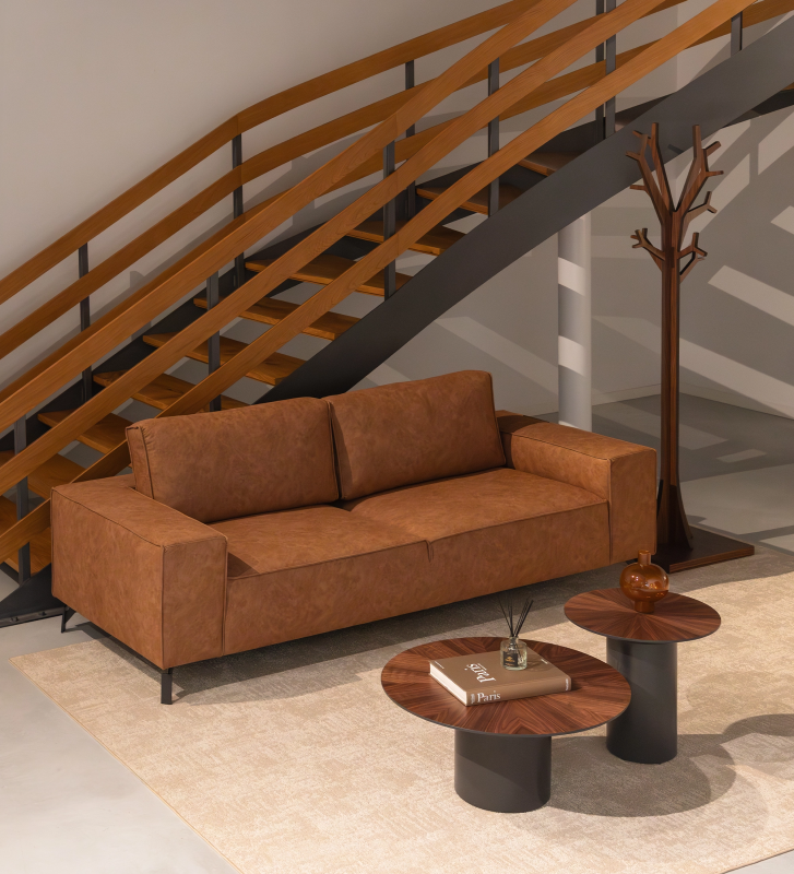 Tokyo 3-seater sofa upholstered in camel fabric, black lacquered metal feet, 238 cm.