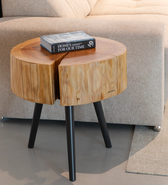 Table d'Appui Tronc en rondin de bois naturel avec fente, pieds noirs et livre dessus