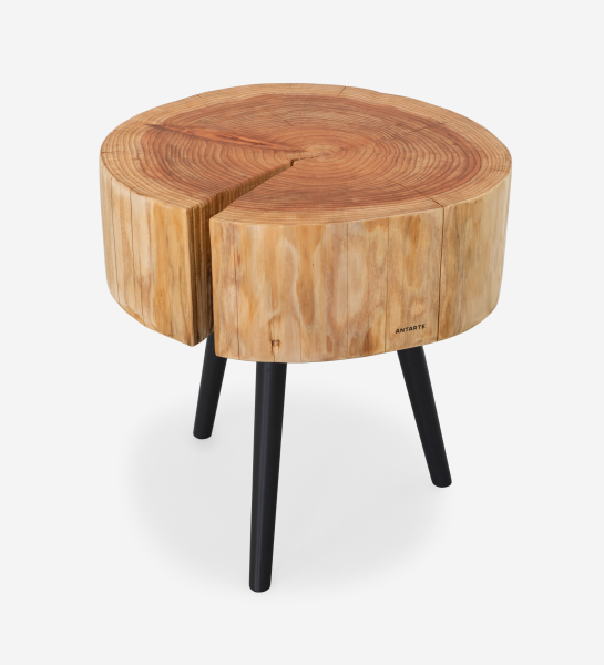 Table d'appoint en tronc de bois rond sur trois pieds noirs