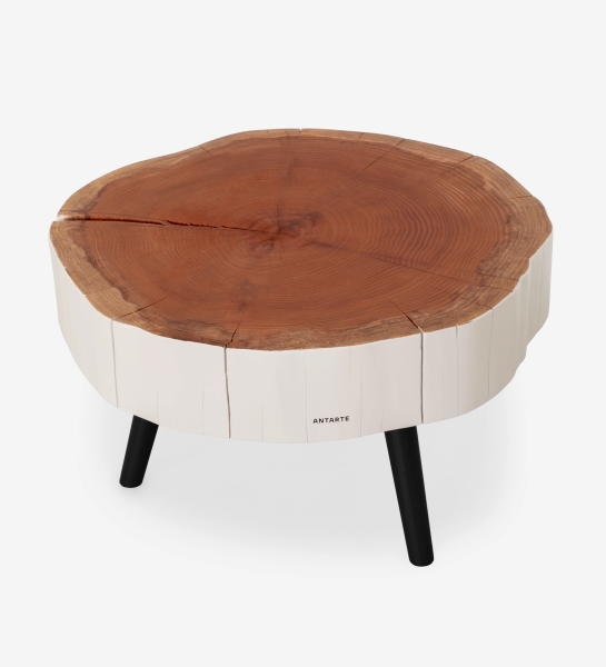 Table Basse Tronc en tranche de bois naturel, côtés peints blancs et pieds noirs
