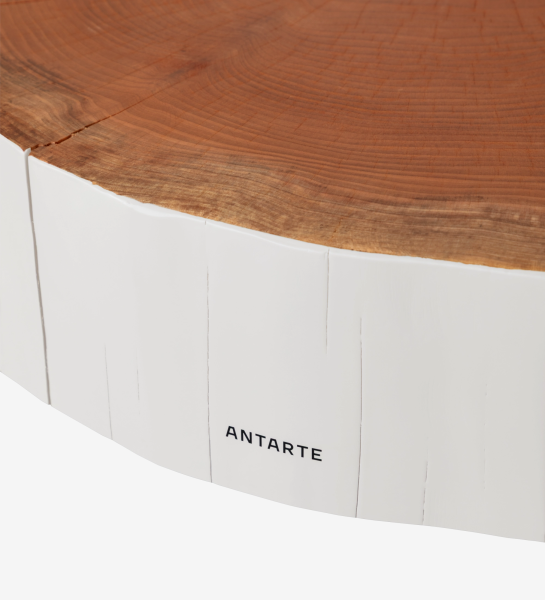 Table Basse Tronc en tronc d'arbre, plateau bois naturel et flanc peint blanc avec logo Antarte
