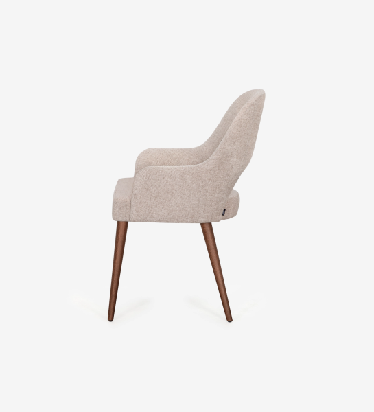 Cadeira Paris estofada bege com pernas de madeira, vista lateral