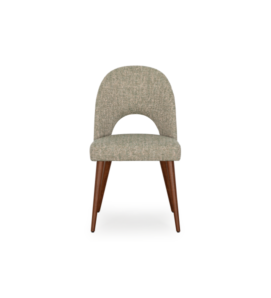 Chair upholstered in green fabric, with walnut-colored wooden legs.