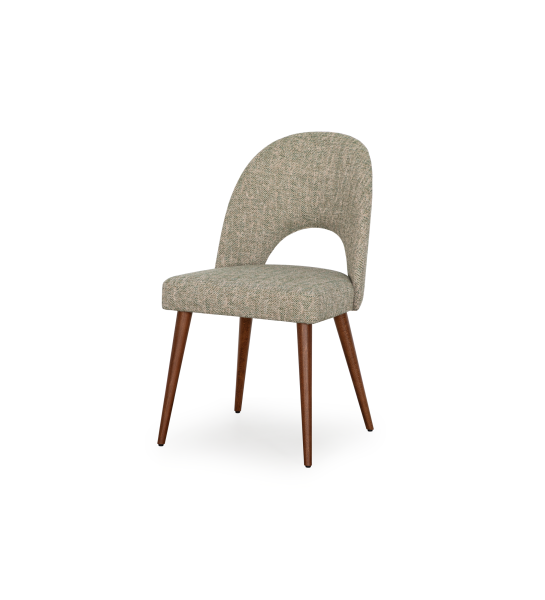 Chair upholstered in green fabric, with walnut-colored wooden legs.