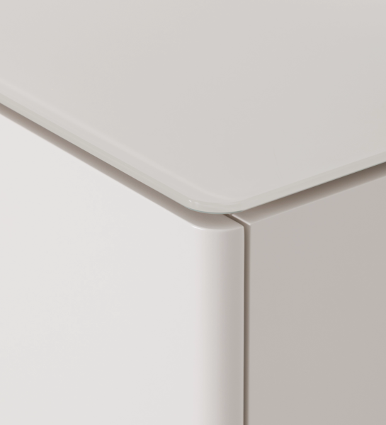 Zapatera Geneve blanca, primer plano de esquina redondeada