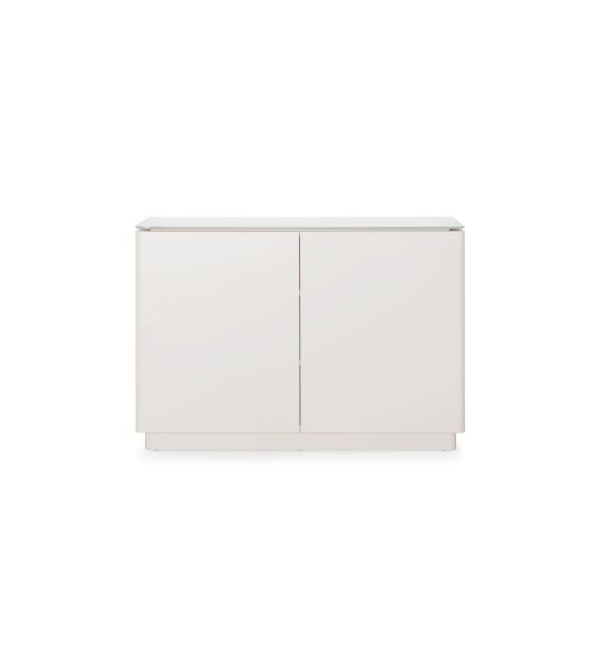 Zapatero con 2 puertas, tapa de cristal y estructura lacada en color perla.