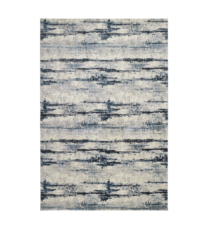 Tapis abstrait aux tons bleus, finition bord plié + feutre feltex 6 mm.