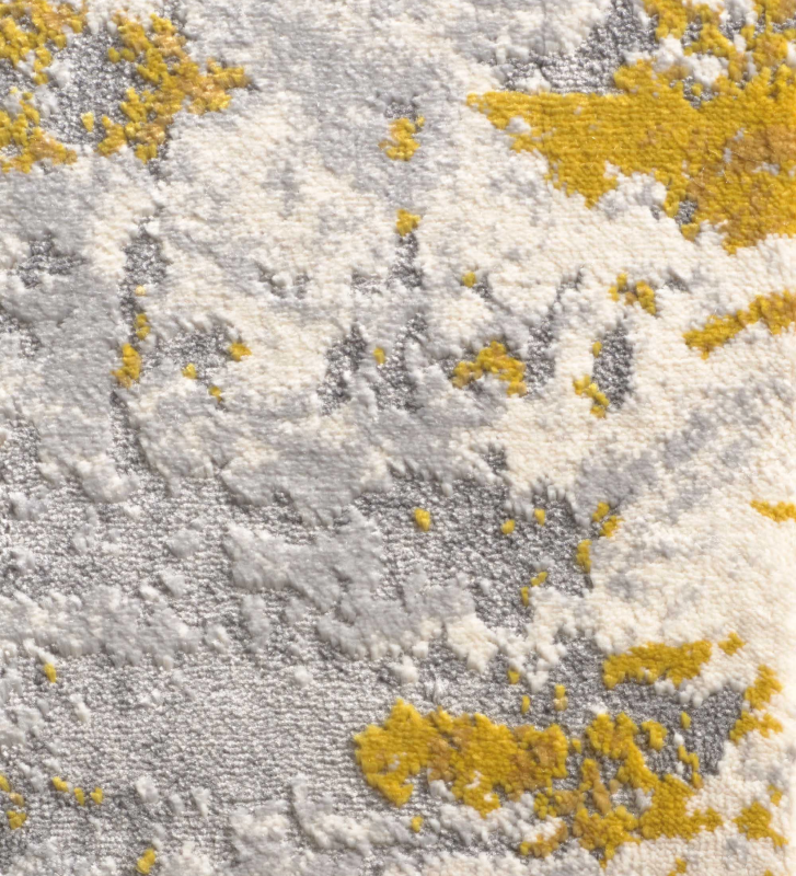 Tapis abstrait aux tons gris et jaunes, finition bord plié + feutre feltex 6 mm.