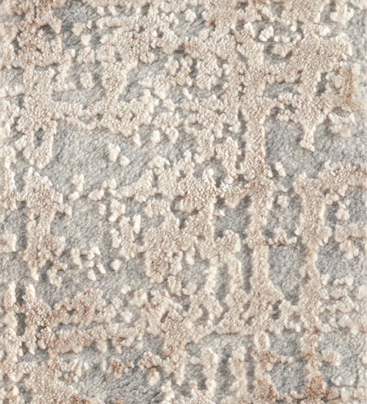 Tapis abstrait aux tons beige et brun, finition bord plié + feutre feltex 6 mm.