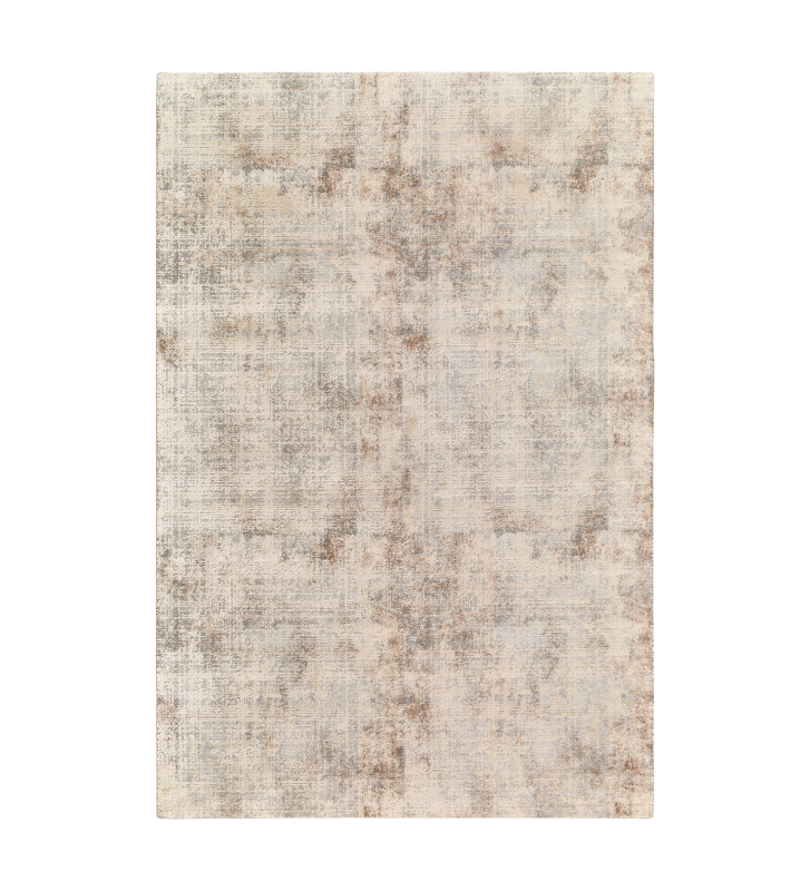 Tapis abstrait aux tons beige et brun, finition bord plié + feutre feltex 6 mm.