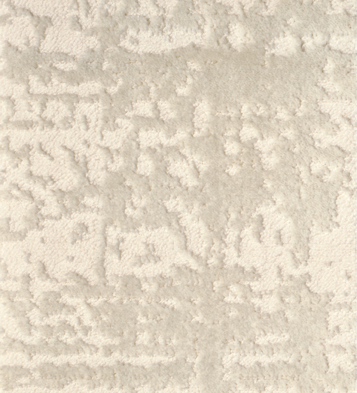 Tapis abstrait aux tons beige et gris, finition bord plié + feutre feltex 6 mm.