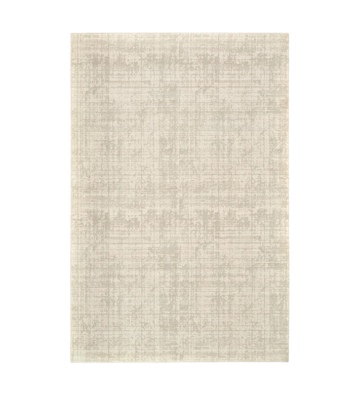 Tapis abstrait aux tons beige et gris, finition bord plié + feutre feltex 6 mm.