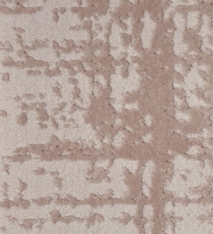 Tapis abstrait aux tons taupe, finition bord plié + feutre feltex 6 mm.