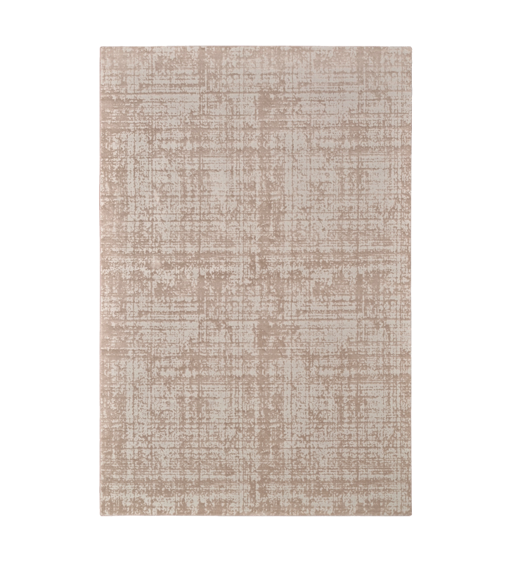 Tapis abstrait aux tons taupe, finition bord plié + feutre feltex 6 mm.