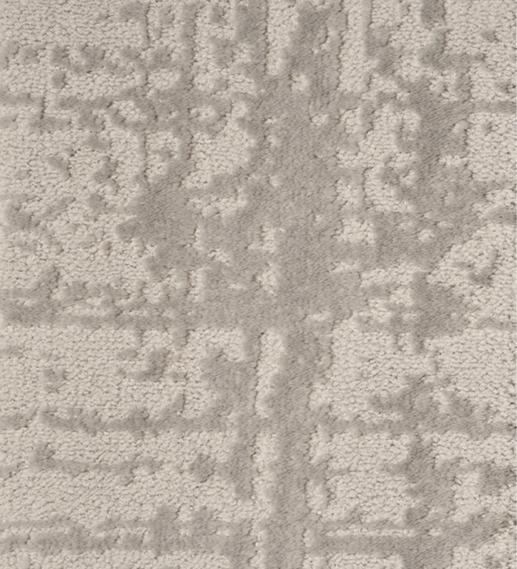 Tapis abstrait aux tons gris, finition bord plié + feutre feltex 6 mm.