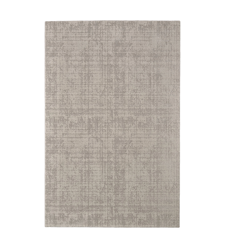 Tapis abstrait aux tons gris, finition bord plié + feutre feltex 6 mm.