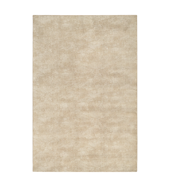 Alfombra con un patrón en tonos beige, acabado con borde doblado + feltex de 6 mm.