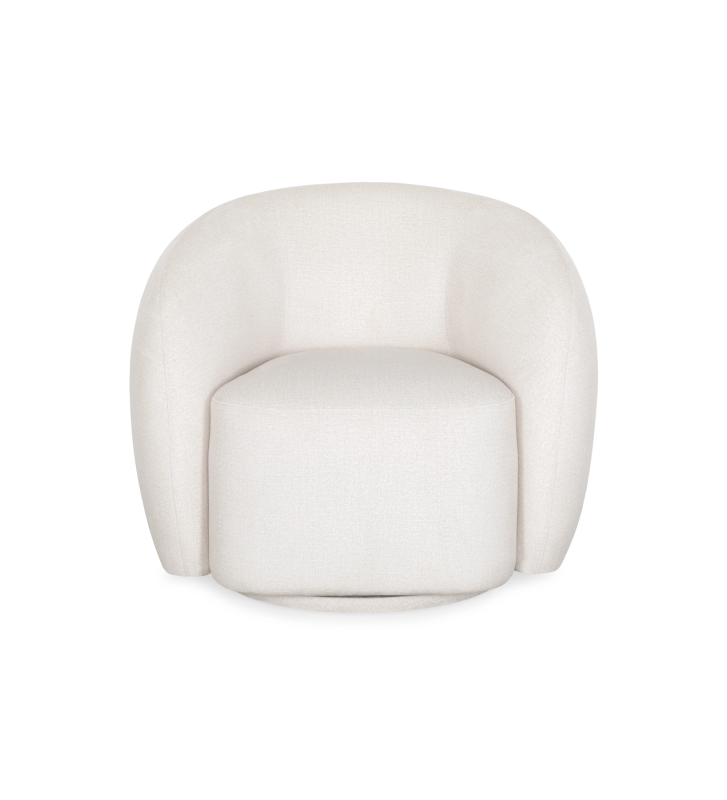 Fauteuil avec base pivotante, entièrement revêtu de tissu couleur perle.