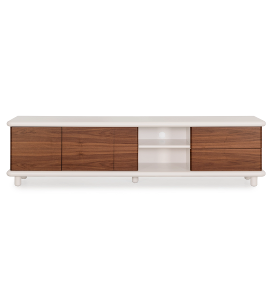 Paris TV stand 3 doors and 2 drawers in natural walnut, pearl structure.