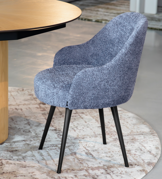 Blue fabric upholstered swivel chair with black lacquered legs 