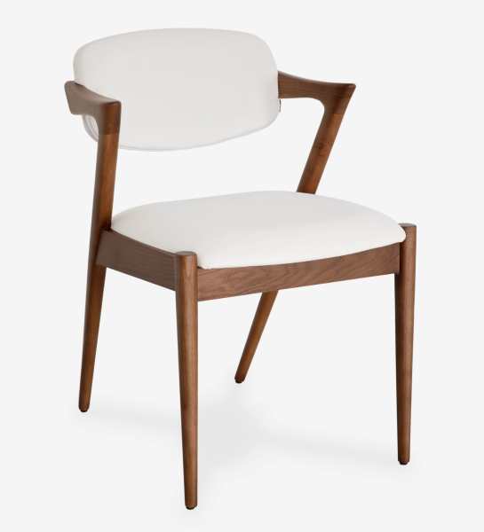 Silla en madera de fresno color nogal, con asiento y respaldo tapizado en tejido perla.