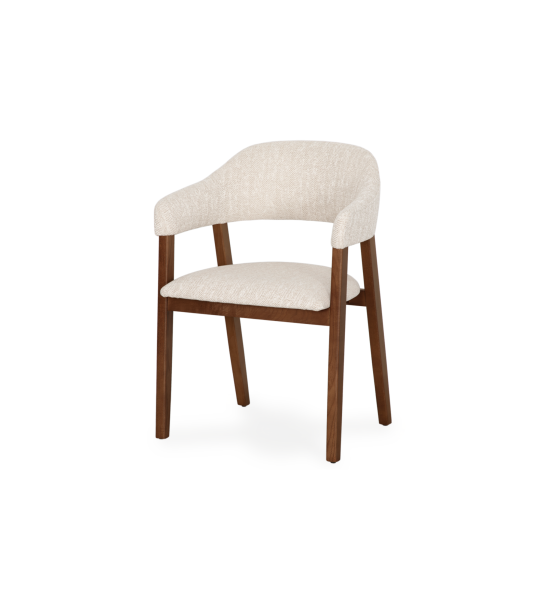 Chaise avec accoudoirs, en bois de frêne couleur noyer, avec assise et dossier recouverts de tissu beige.