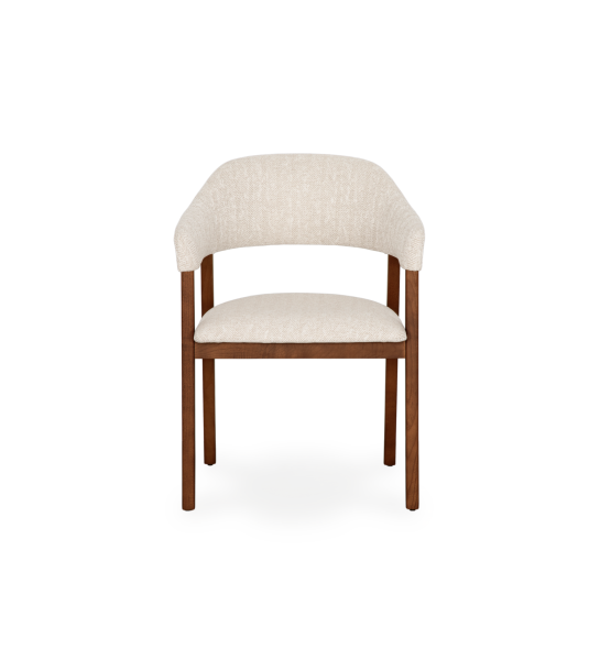 Cadeira com braços, em madeira de freixo cor nogueira, com assento e costa estofados a tecido bege.