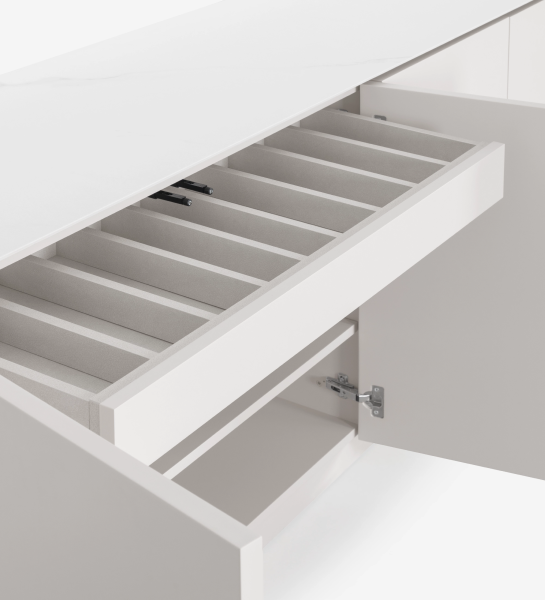 Sideboard with 4 doors and pearl lacquered structure, Calacatta marble ceramic top and cutlery drawer.