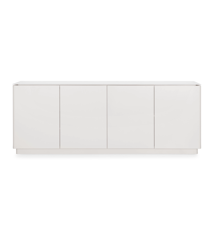 Enfilade avec 4 portes et structure laquée couleur perle, plateau en céramique effet marbre Calacatta et tiroir à couverts.