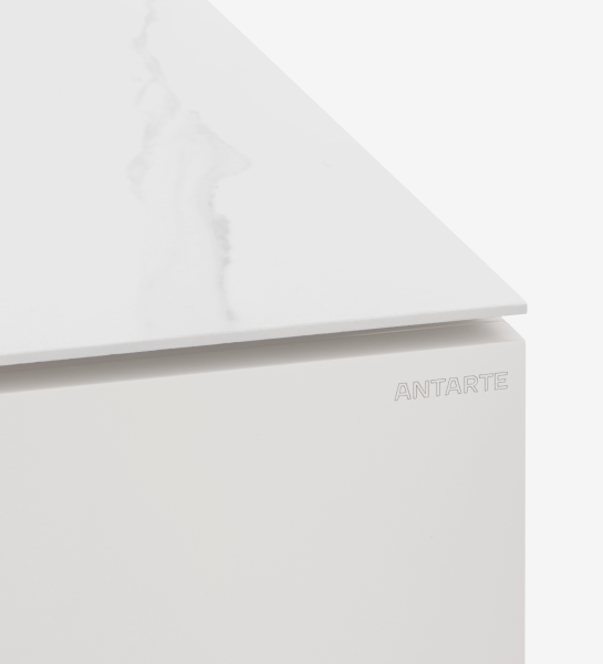 Sideboard with 4 doors and pearl lacquered structure, Calacatta marble ceramic top and cutlery drawer.