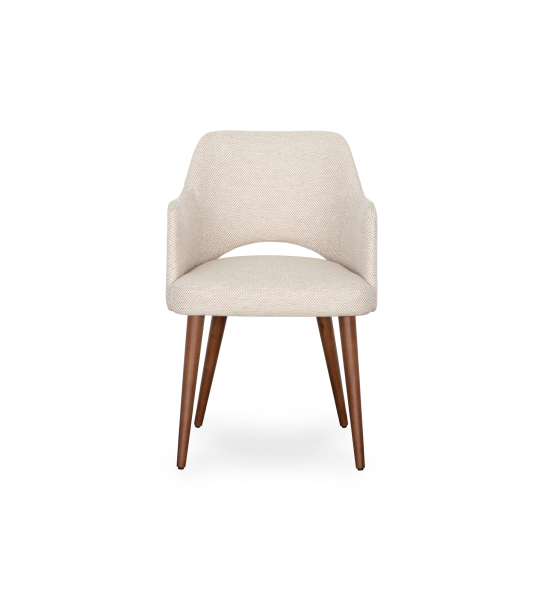 Chair with armrests upholstered in beige fabric and walnut wood base.