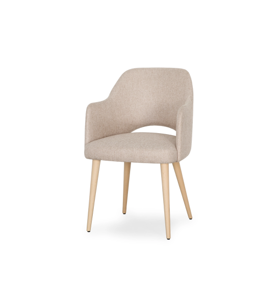 Chair with arms upholstered in beige fabric, with natural colored wooden legs.