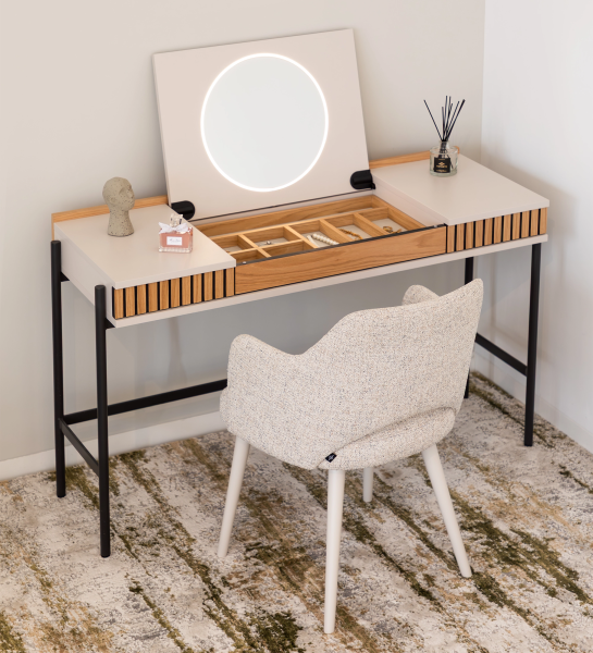 Tocador Cannes con espejo circular iluminado, cajones de madera y silla tapizada