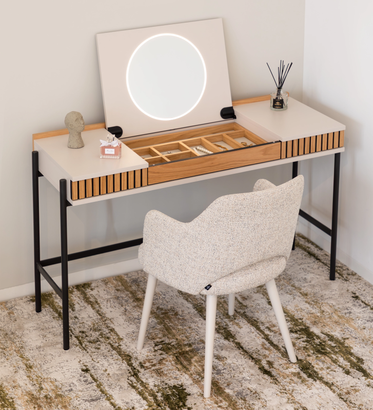 Dressing Table with 2 drawers in natural oak, pearl structure, black lacquered metal feet with levellers and mirror with lighting