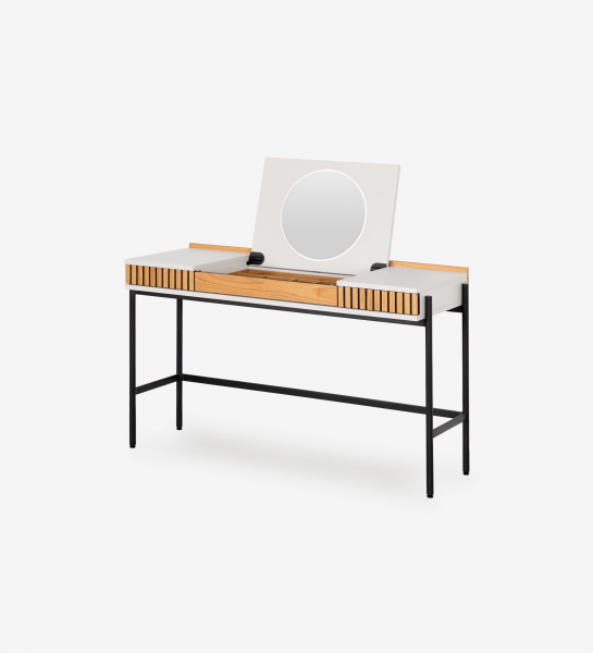 Tocador Cannes con espejo abatible, tapa blanca, frentes de madera y patas negras