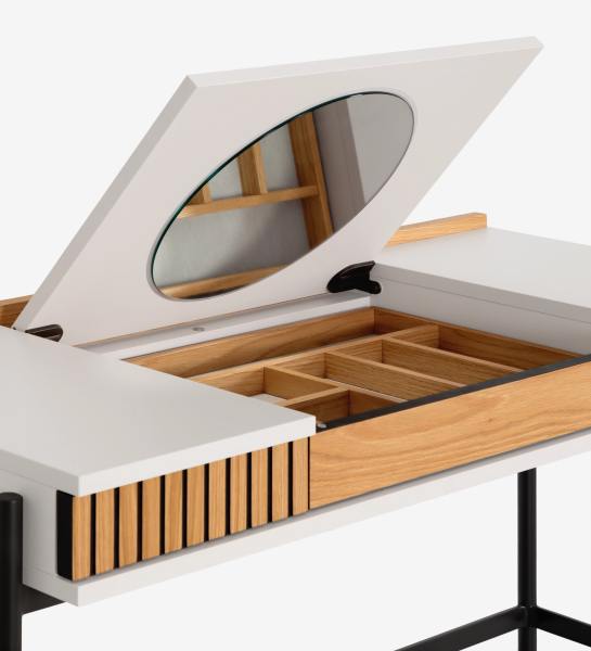 Tocador Cannes con tapa abatible, espejo oval y compartimentos interiores de madera