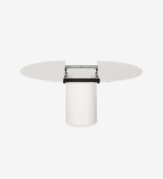Mesa de jantar extensível branca, tampo oval aberto com mecanismo central visível