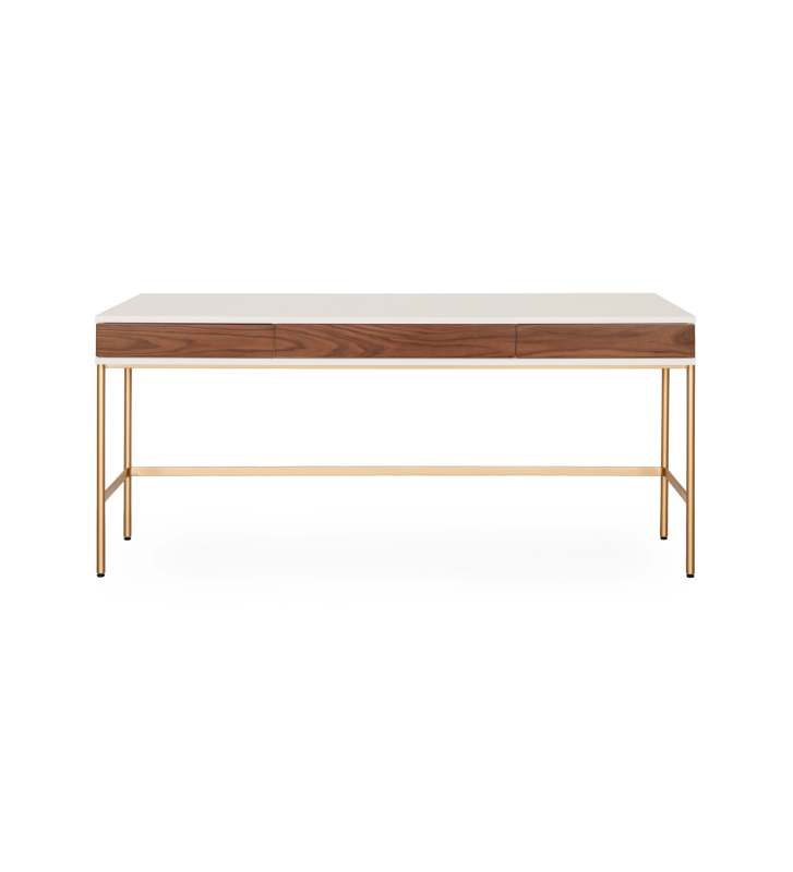 Desk with 2 drawers in natural walnut, pearl structure and gold lacquered metal feet with levellers.