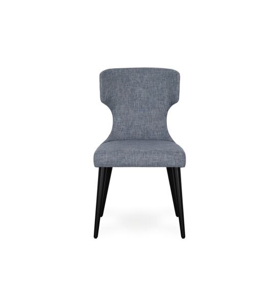 Cadeira estofada a tecido azul, com tacha preta nas costas e pés lacados a antracite