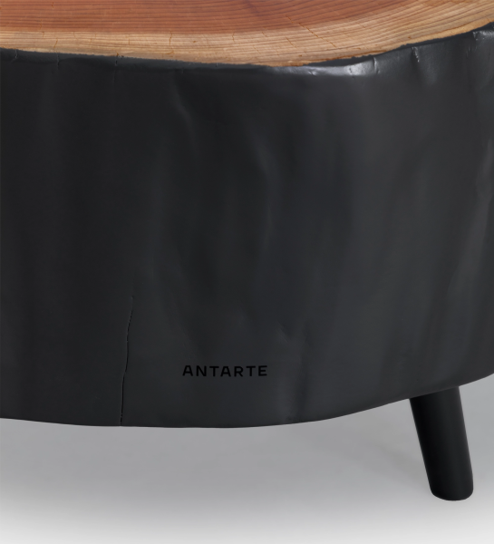 Mesa de Centro Tronco em madeira com bordo natural, revestimento preto e perna cilíndrica