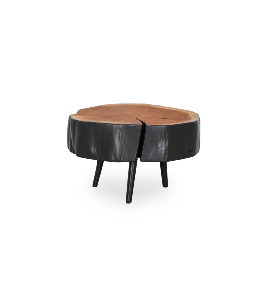 Mesa de centro tronco em madeira natural de criptoméria lacada a negro, pés lacados a negro, Ø 60 a 75 cm.