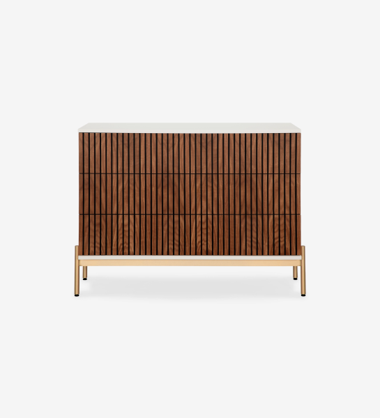 Cannes Dresser with slatted walnut front, white top and brass legs