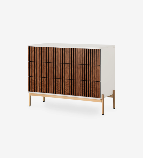 Cannes Dresser with white frame, vertical slatted walnut front and brass legs