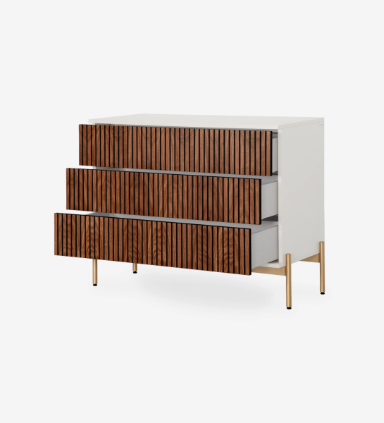 Cannes Dresser with white frame, three slatted walnut drawer fronts and brass-finished legs