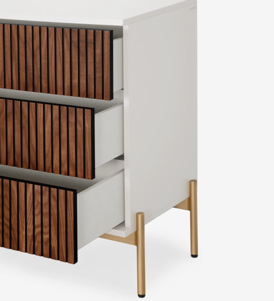 Cannes Dresser with white body, slatted walnut drawer fronts and gold legs
